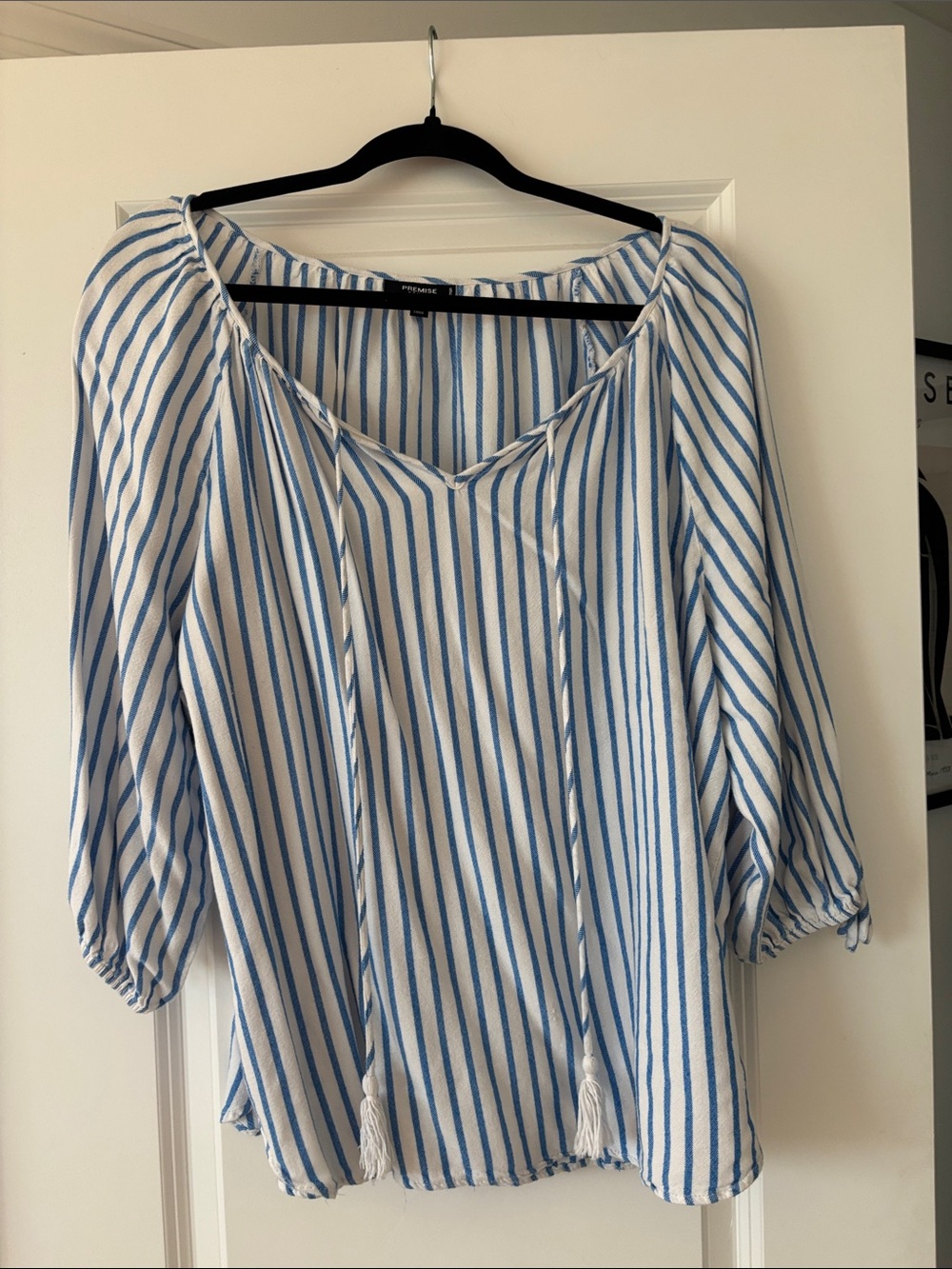 Premise Blue & White Striped Peasant Top with Tassel Ties